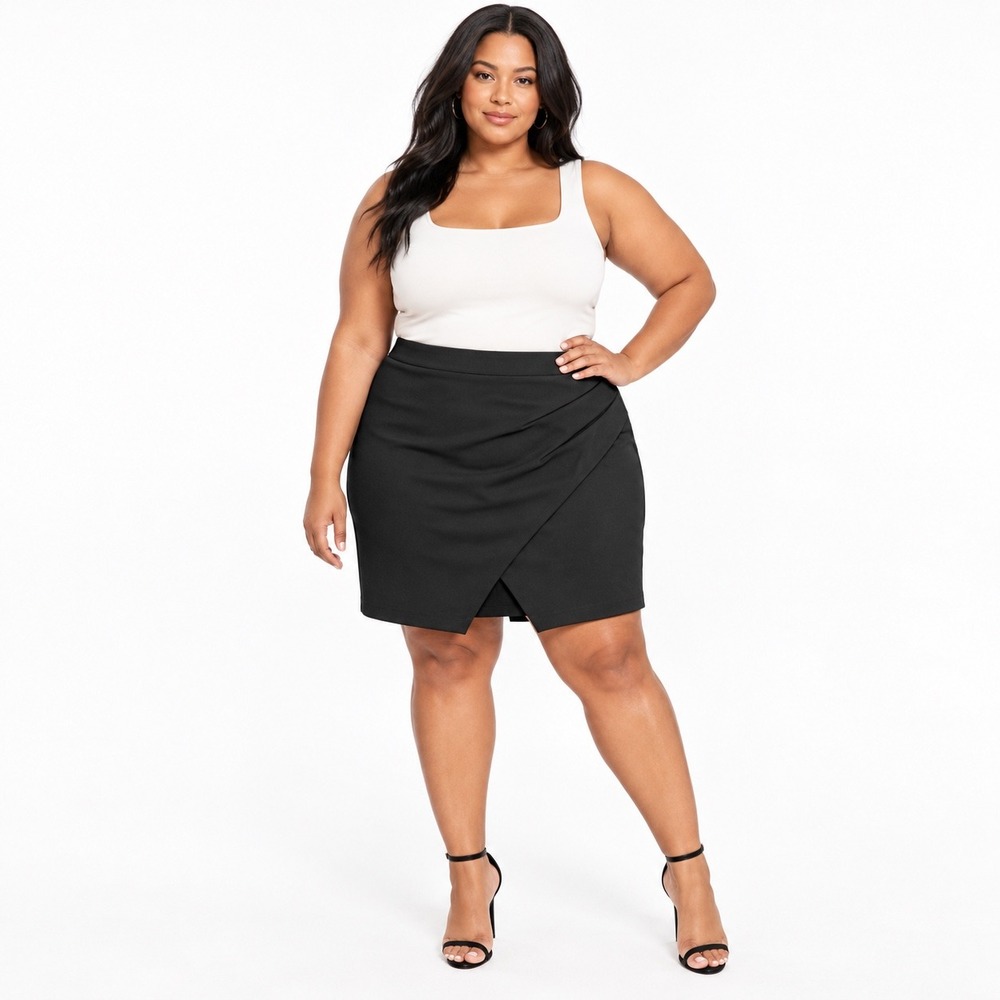ELOQUII Faux Wrap Skirt Women 22 Black Fitted Ruched Front Career Workwear Mini